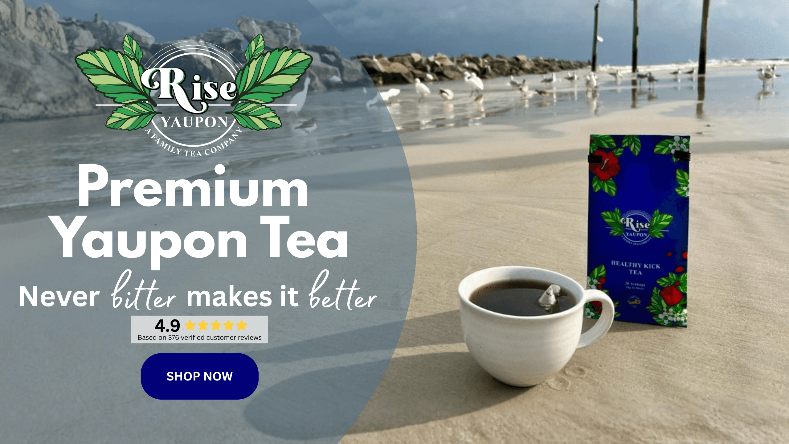 Rise Yaupon Premium Yaupon Tea — never bitter makes it better. Rated 4.9 stars from 376 verified customer reviews. Florida-grown, women- and veteran-owned.