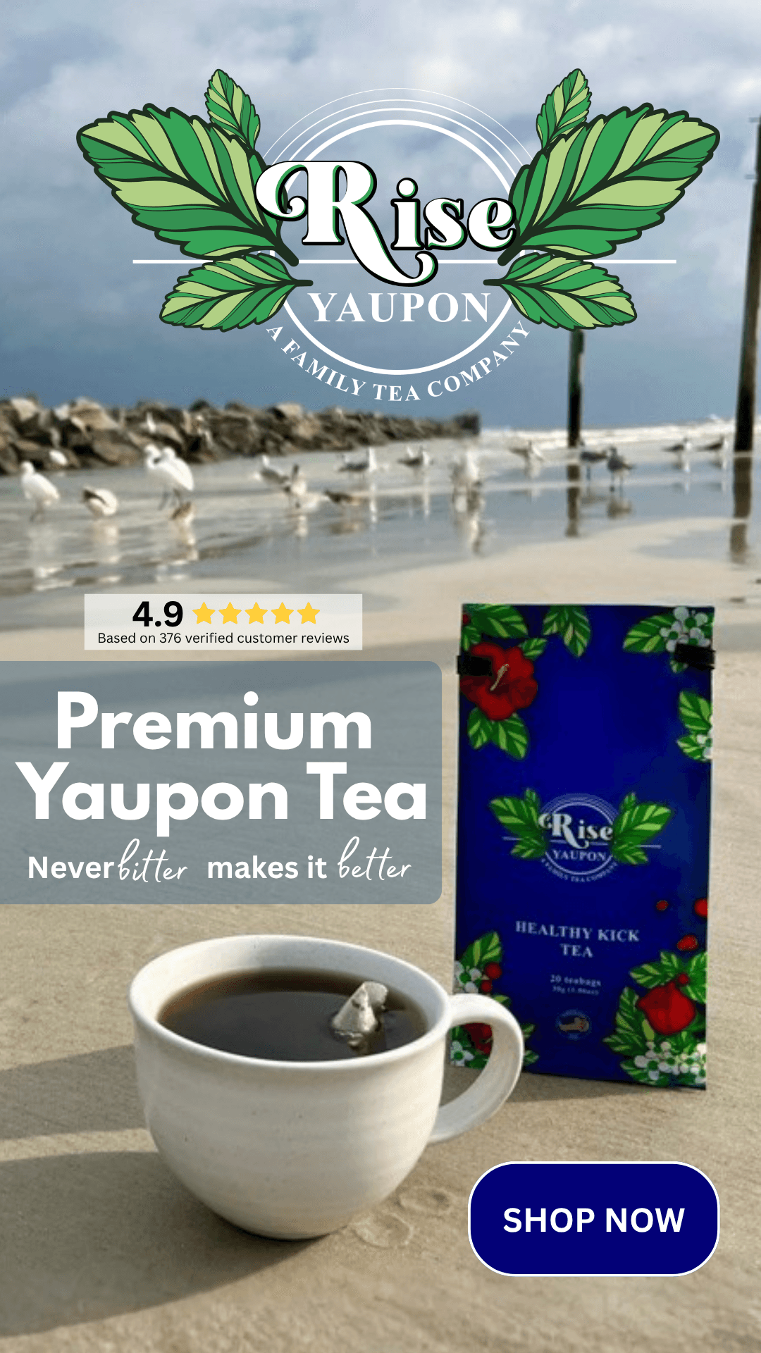 Rise Yaupon Premium Yaupon Tea — never bitter makes it better. Rated 4.9 stars from 376 verified customer reviews. Florida-grown, women- and veteran-owned.