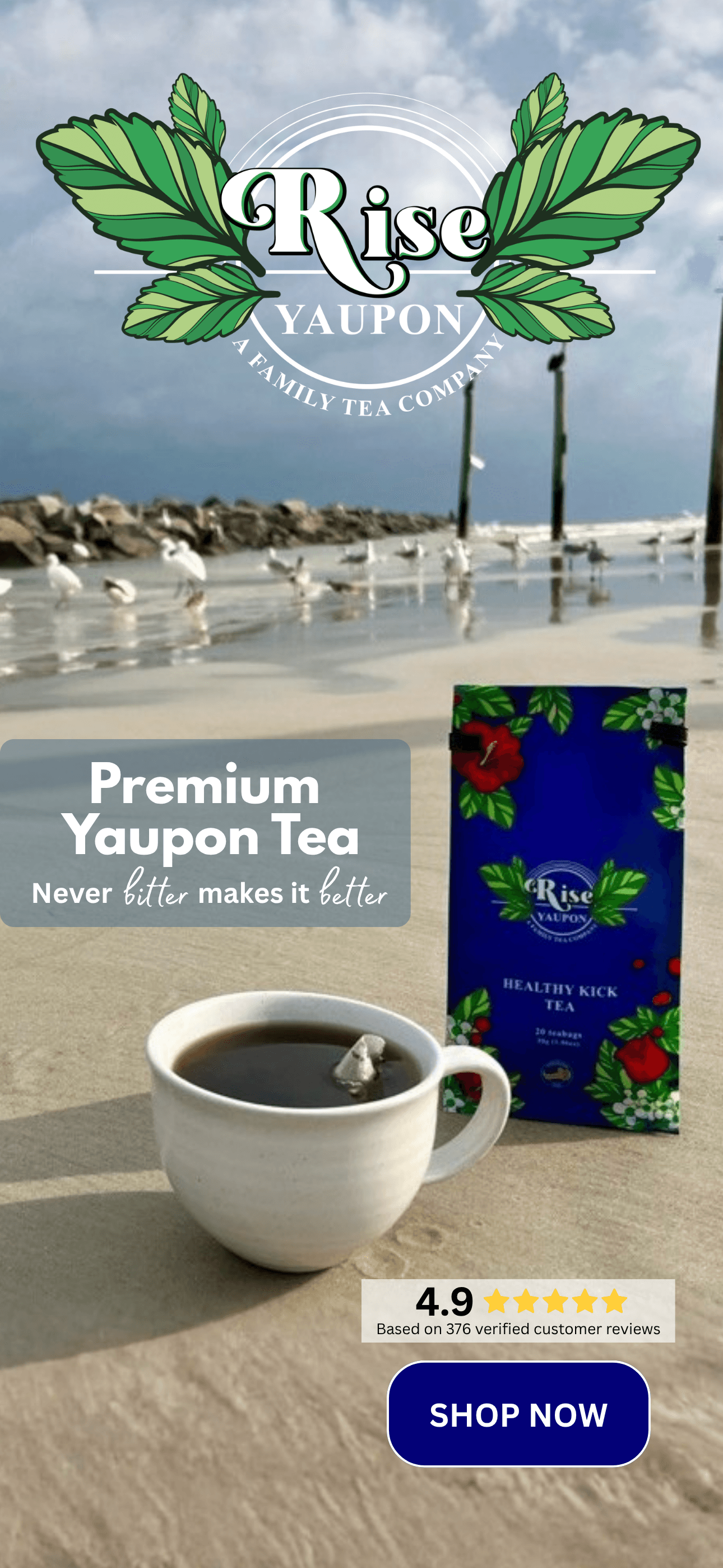 Rise Yaupon Premium Yaupon Tea — never bitter makes it better. Rated 4.9 stars from 376 verified customer reviews. Florida-grown, women- and veteran-owned.