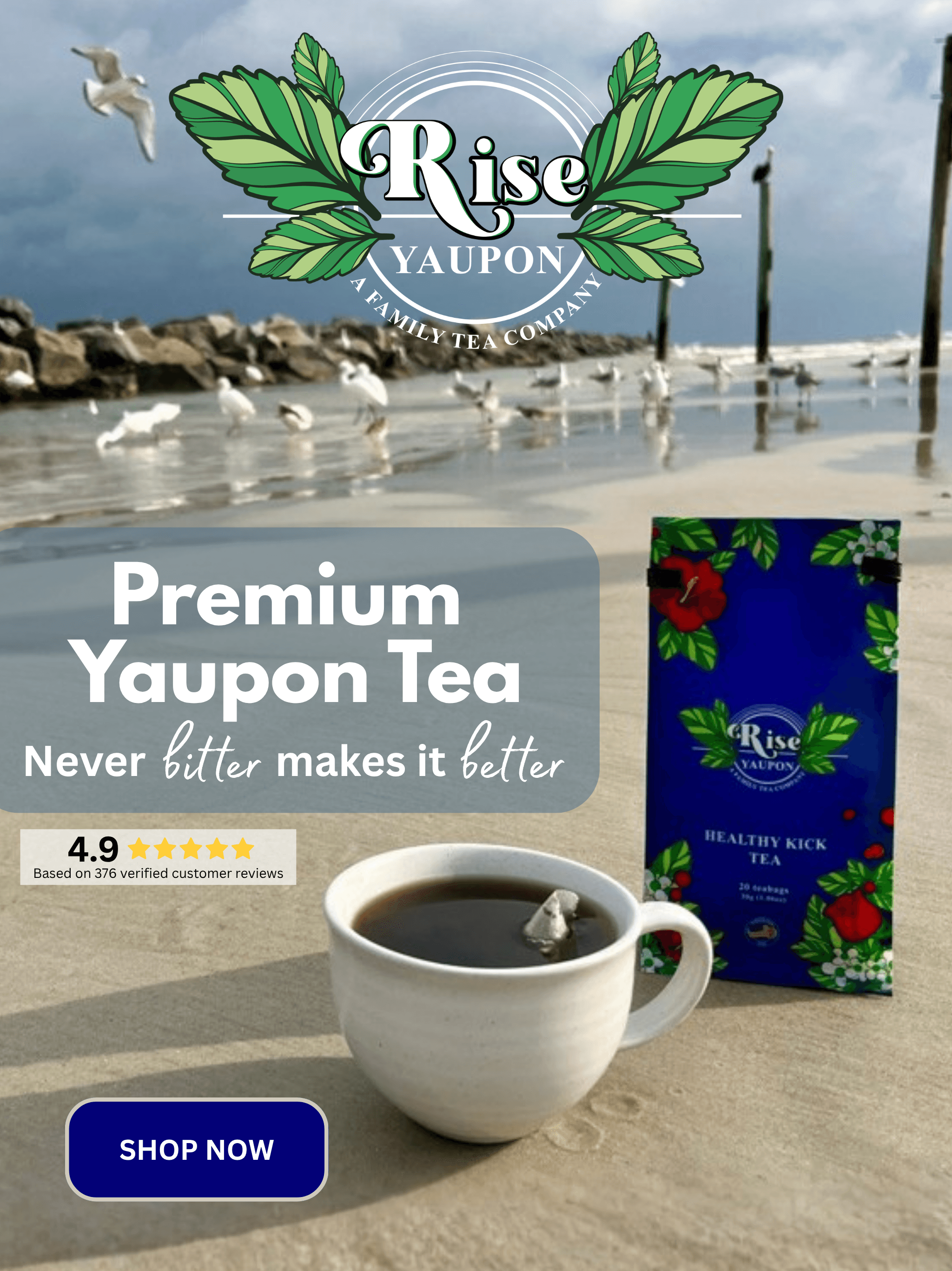 Rise Yaupon Premium Yaupon Tea — never bitter makes it better. Rated 4.9 stars from 376 verified customer reviews. Florida-grown, women- and veteran-owned.